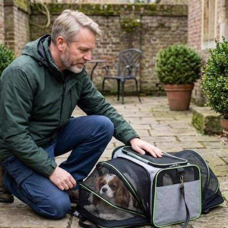 homme agenouille cavalier king charles sac de transport pour chien