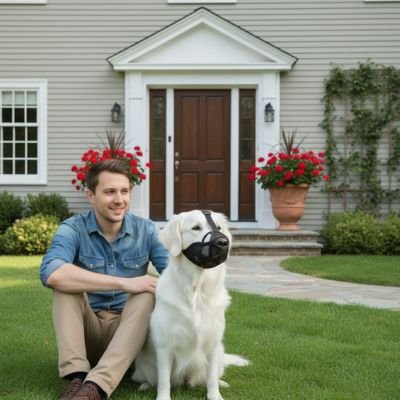 homme assis avec golden devant maison museliere pour chien noir