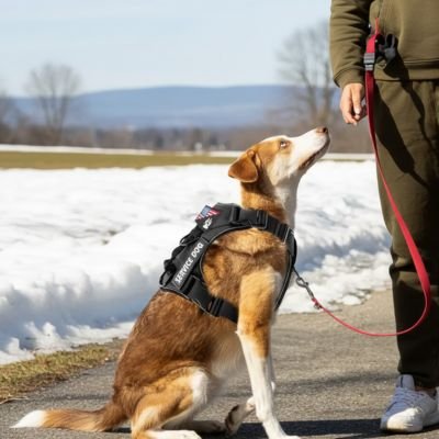 homme avec chien assis parc neige portant harnais chien noir