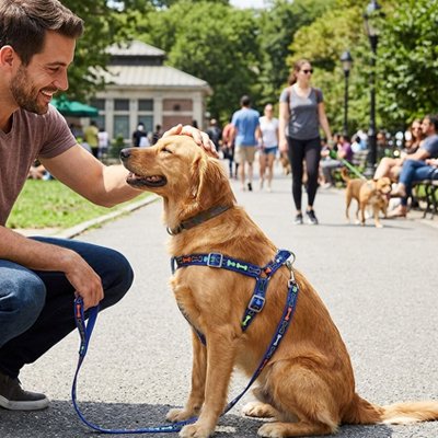 homme caresse golden portant harnais chien bleu dans parc