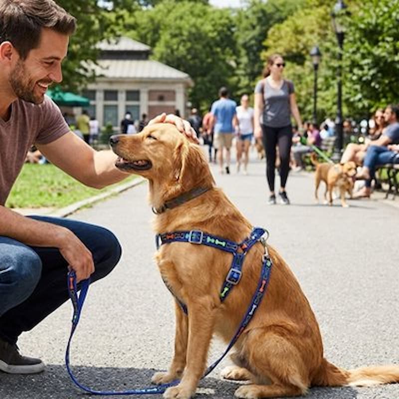 homme caresse golden portant harnais chien bleu dans parc