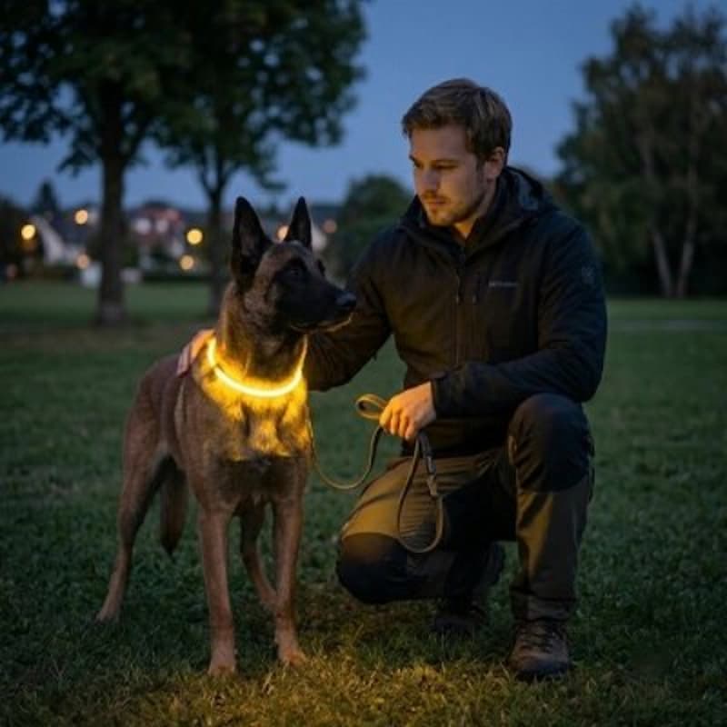 homme caresse malinois portant collier chien lumineux parc nocturne