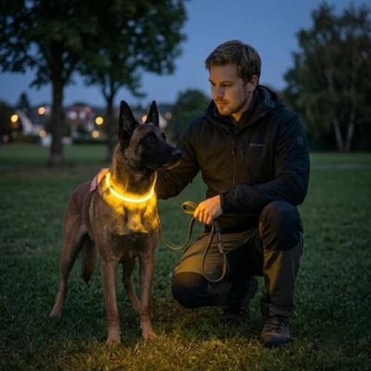 homme caresse malinois portant collier chien lumineux parc nocturne