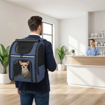 homme chez veterinaire avec chien dans sac à dos chien