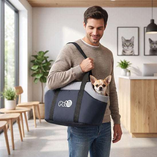 homme chez vétérinaire chihuahua sac transport chien noir