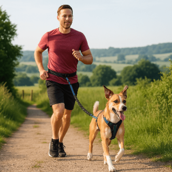 homme court campagne avec laisse canicross bleu sur chien