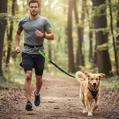 homme court dans foret avec laisse canicross sur chien