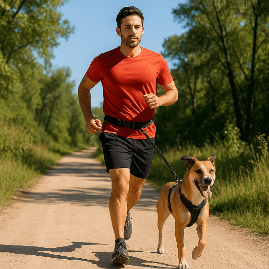 homme court dans sentier laisse canicross noir sur chien