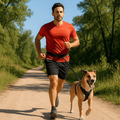 homme court dans sentier laisse canicross noir sur chien