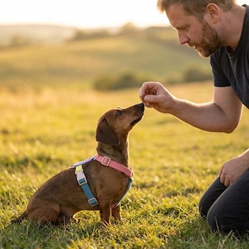 homme donnant friandise à teckel portant harnais chien multicolore