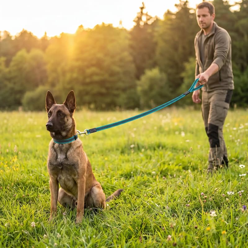 homme dressage malinois assis herbe longe chien bleu