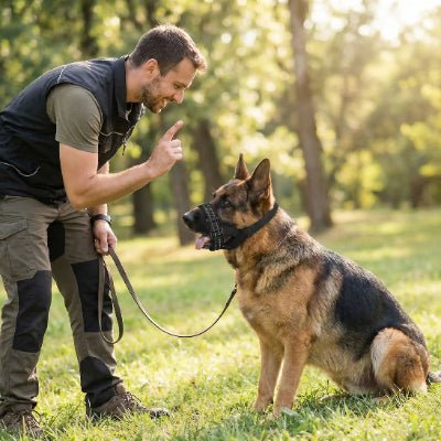homme entraine berger allemand herbe museliere chien noir