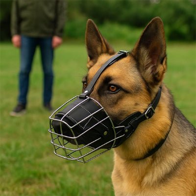homme et berger allemand avec museliere en cage metallique