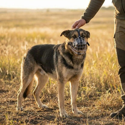 homme et chien avec museliere panier metallique terrain vague