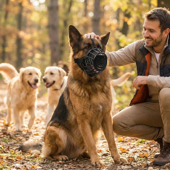 homme et chien dans foret avec museliere chien noir