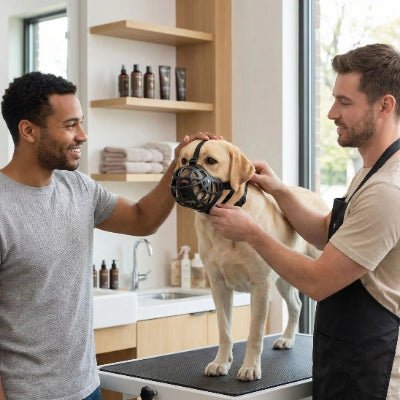 homme et labrador avec museliere chez le toiletteur
