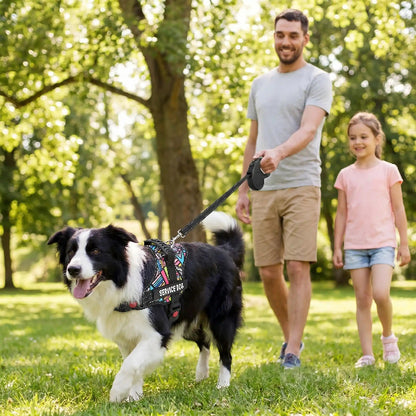 homme fille promenent border collie portant harnais anti traction