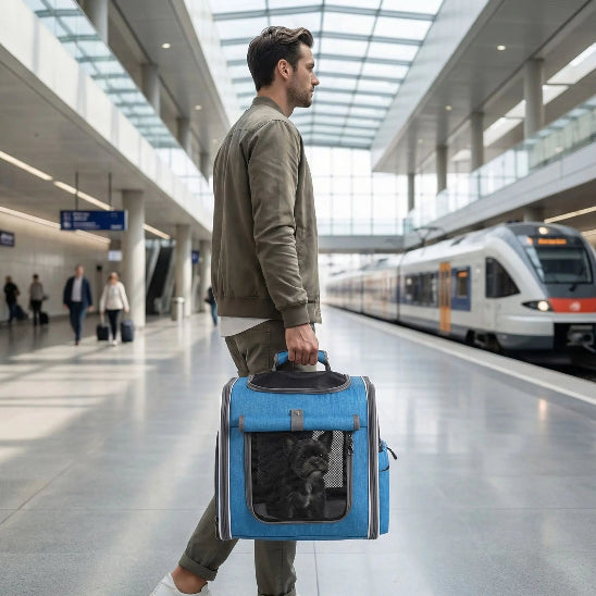 homme gare porte sac à dos chien bleu dans main