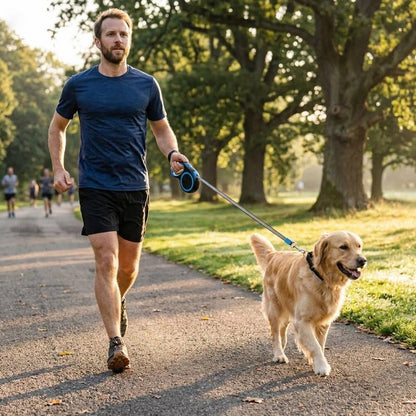homme joggant avec golden retriever tenu laisse pour chien bleu