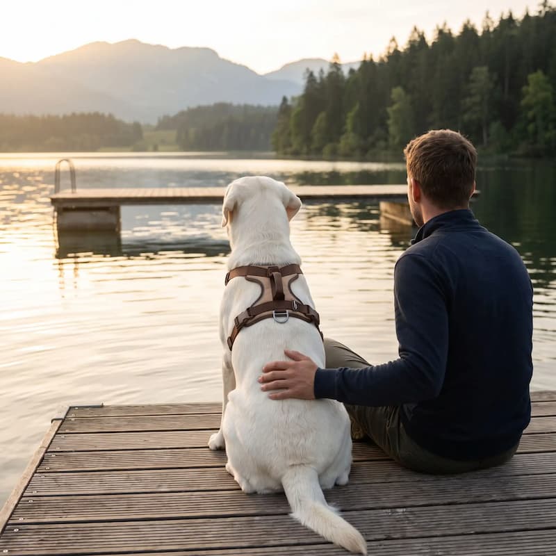 homme labrador portant harnais chien anti traction assis bord lac