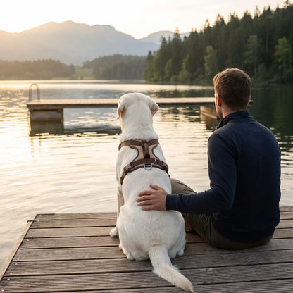homme labrador portant harnais chien anti traction assis bord lac