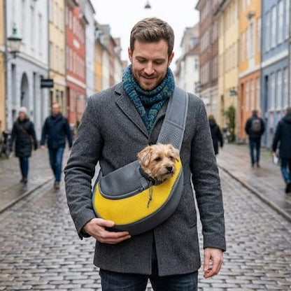 homme marchant rue pavée avec chien sac pour transporter chien