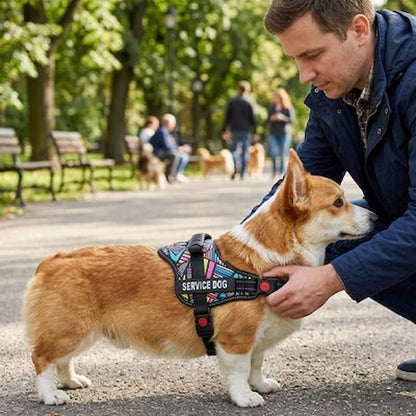 homme met harnais chien mosaïque sur corgi