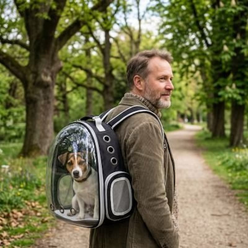 homme portant chien sac à dos chien en forêt 