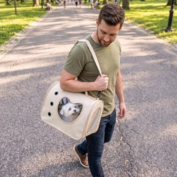 homme portant chien sac pour transporter chien au parc