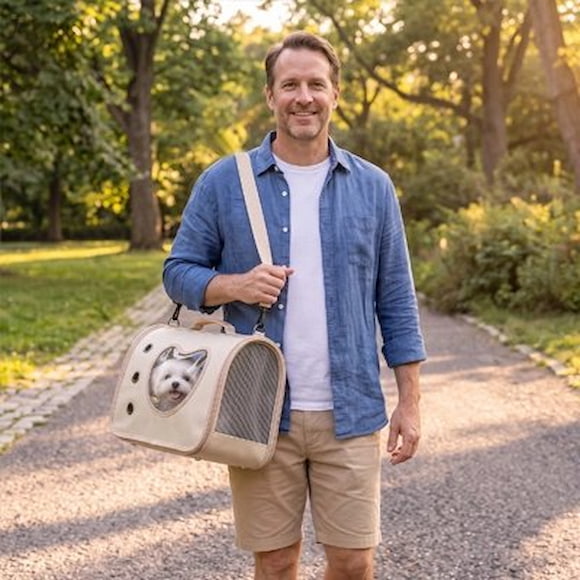 homme portant chien sac pour transporter chien en bandoulière parc