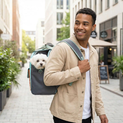 homme porte bichon dans sac a dos chien bleu
