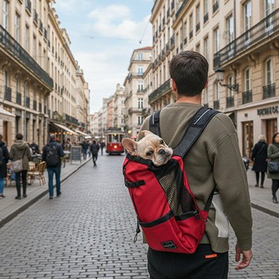 homme porte bouledogue ville dans sac a dos pour chien