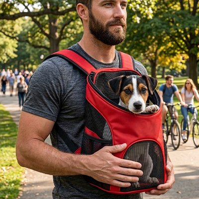 homme porte chien dans sac a dos chien sur ventre