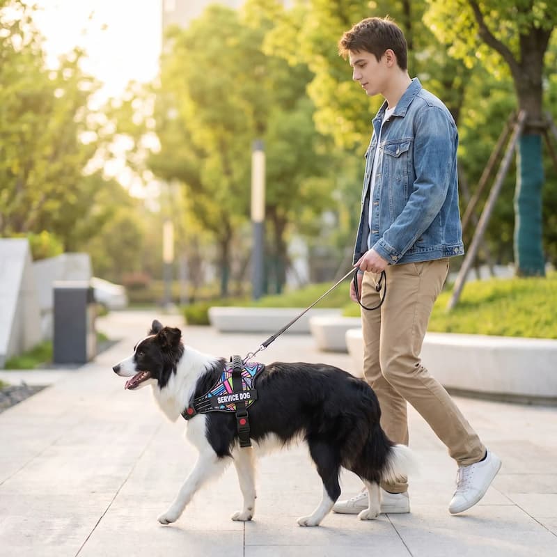 homme promenade border collie portant harnais chien mosaïque
