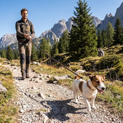 homme promenade jack russell longe chien marron montagne