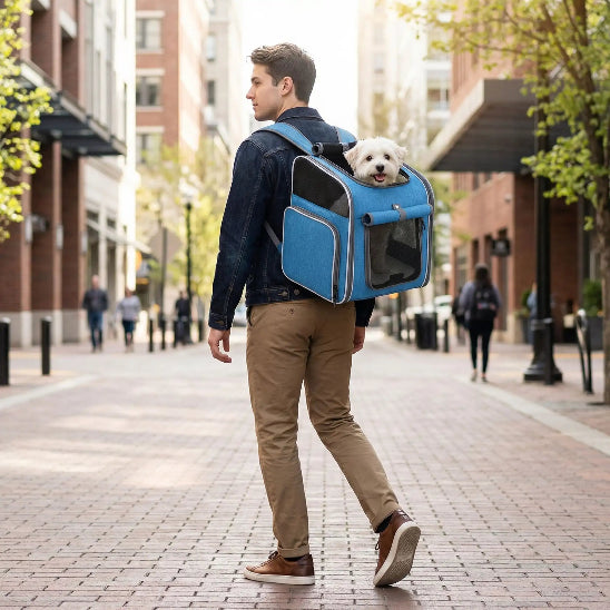 homme promenade ville chien blanc dans sac à dos chien