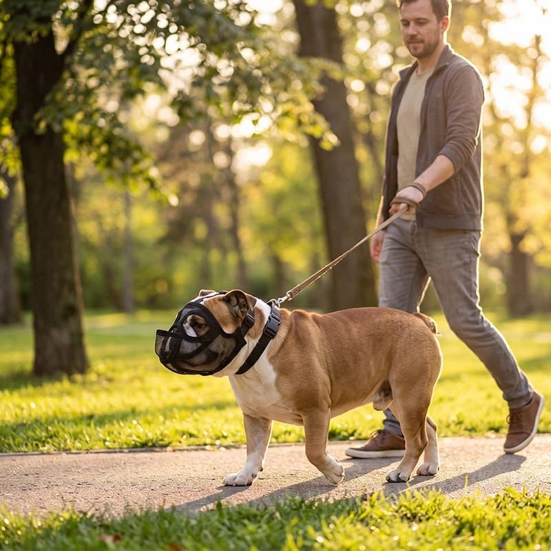homme promenant bouledogue anglais avec muselière pour chien dans parc