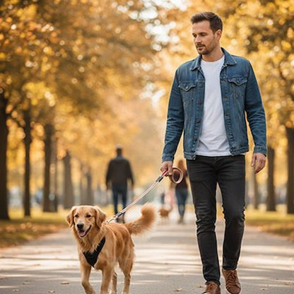homme promenant golden laisse chien à rayures automne parc ensoleillé