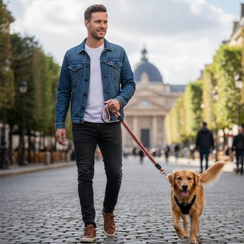 homme promenant golden laisse chien rayure rouge rue pavée