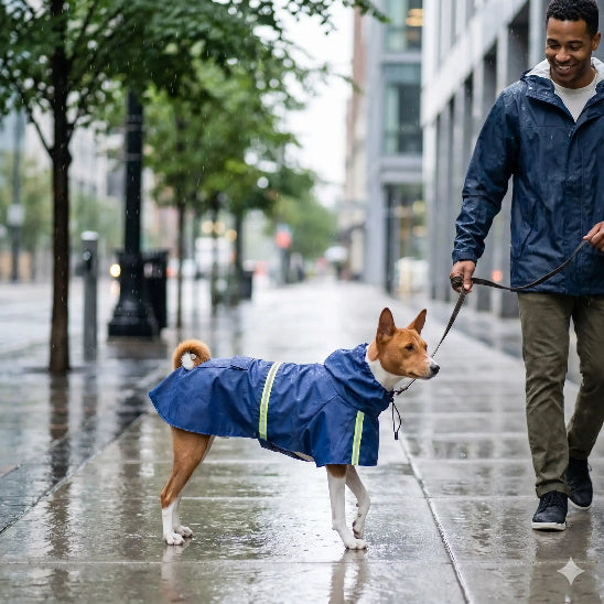 homme promene basenji avec imperméable pour chien bleu