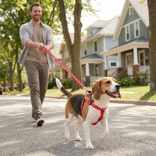 homme promene beagle quartier laisse pour chien rouge harnais assorti