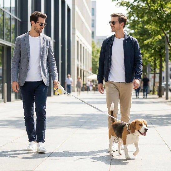 homme promene beagle zone urbaine avec laisse chien enrouleur jaune