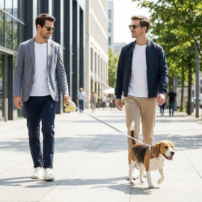 homme promene beagle zone urbaine avec laisse chien enrouleur jaune