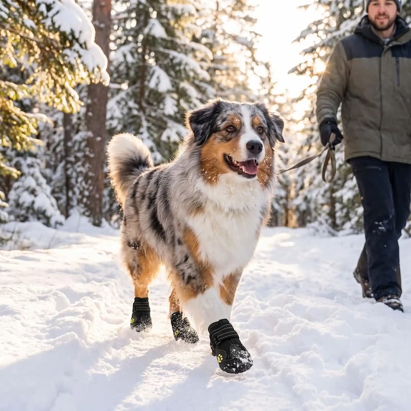 homme promène berger australien portant chaussure chien imperméable neige