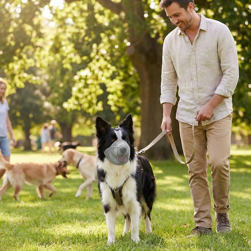homme promene border collie parc avec muselière chien gris