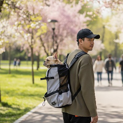 homme promene bouledogue dans sac a dos pour chien parc