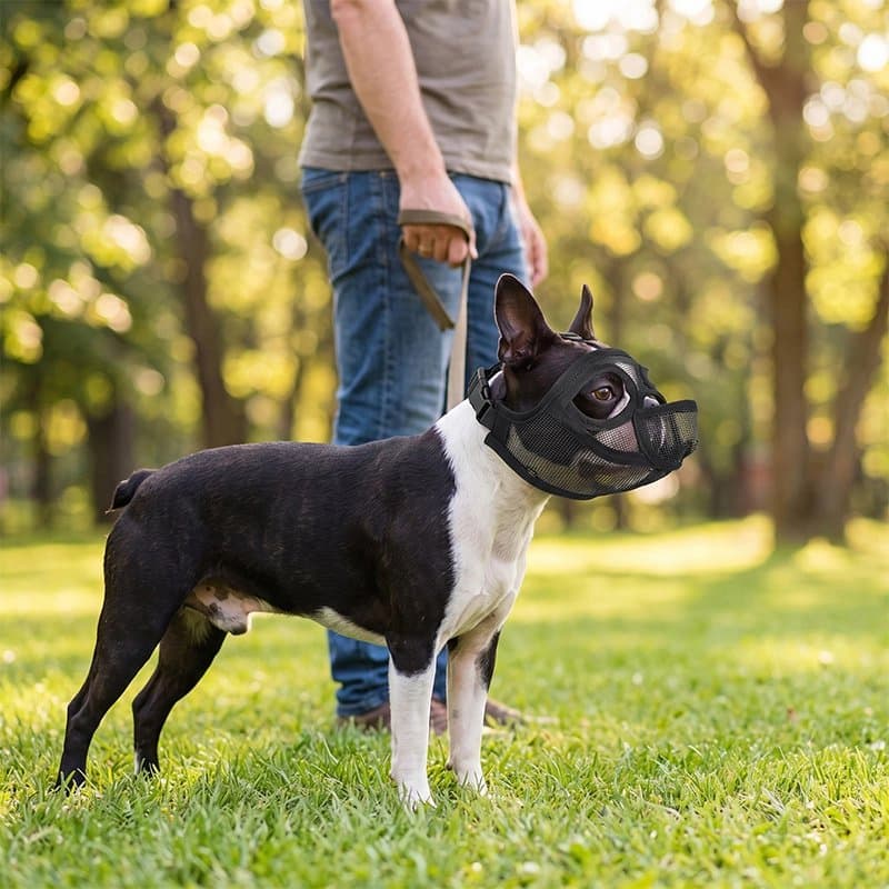homme promène bouledogue français portant muselière pour chien noire