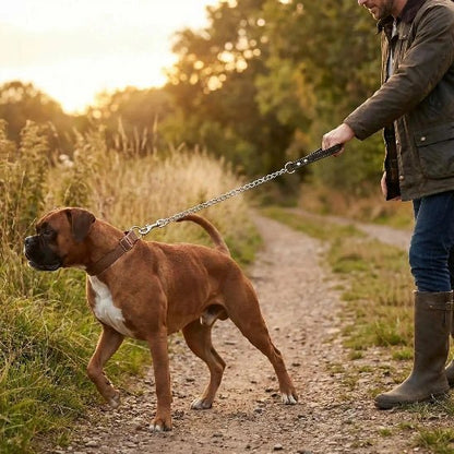 homme promene boxer chemin campagne laisse pour chien chaine metallique