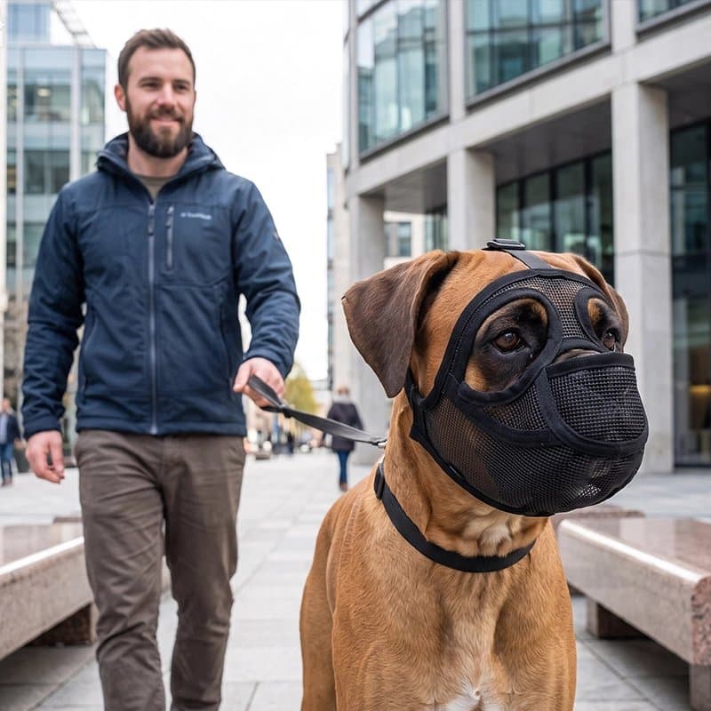 homme promène boxer portant muselière pour chien en ville