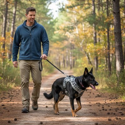 homme promene chien avec harnais pour chien gris dans foret